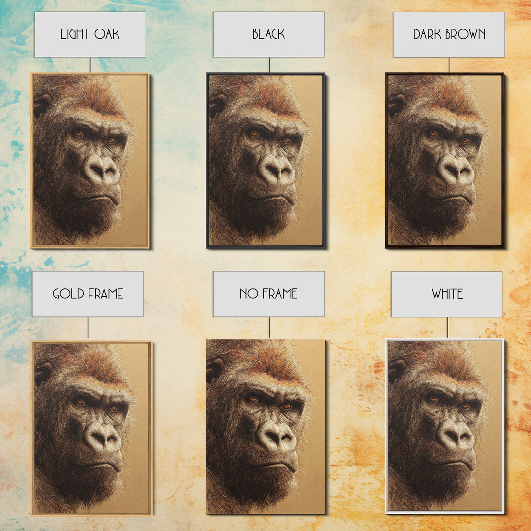 Gorilla Portrait with Powerful Gaze Framed Canvas Print, Wildlife Art, Wall Art, Living Room Decor, Wild, Modern Wall Art, WIL-2x3-1
