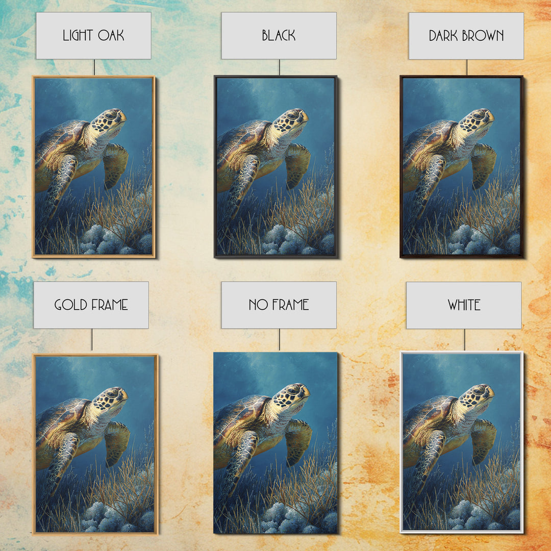 Sea Turtle over Coral Reef Framed Canvas Print, Wildlife Art, Boho Decor, Living Room Decor, Abstract Art, Wild, Painting, WIL-2x3-2
