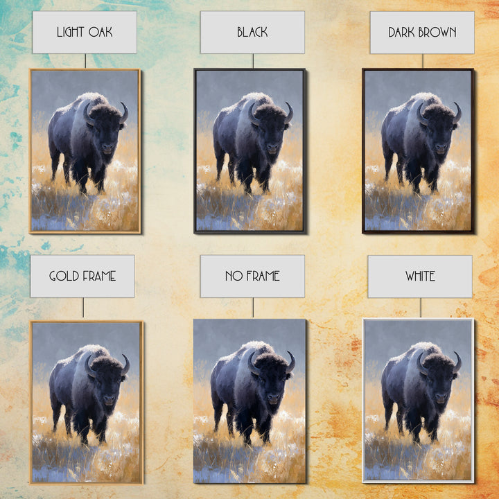 Bison on Wide Western Prairie Framed Canvas Print, Wildlife Art, Contemporary Art, Living Room Decor, Oil Painting, Wild, WIL-2x3-21
