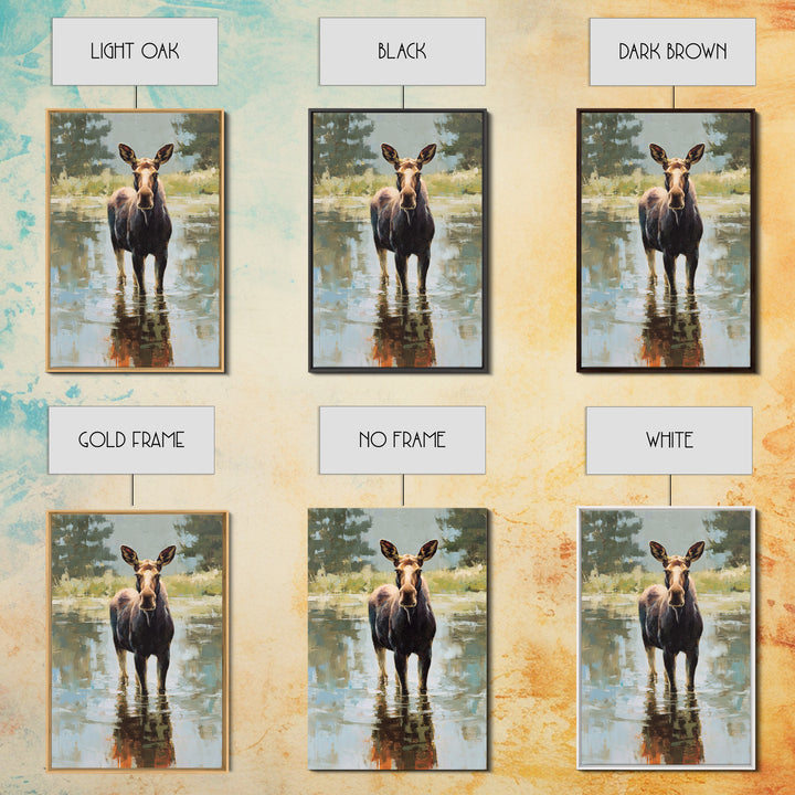 Moose Standing in Reflective Lake Framed Canvas Print, Wildlife Art, Forest Wall Art, Living Room Decor, Fine Art, Wild, WIL-2x3-3