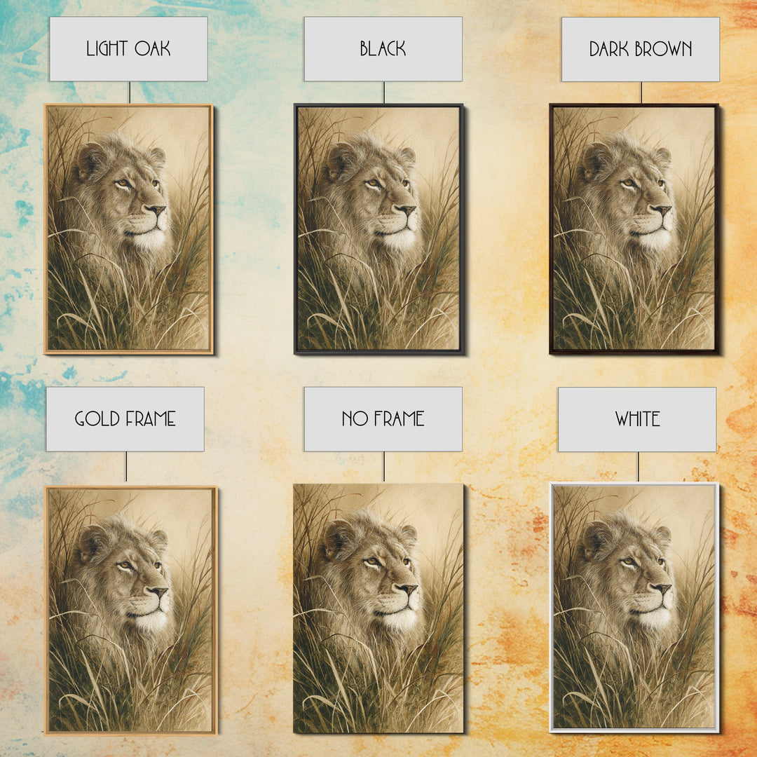 Lion Emerging from Golden Savanna Grass Framed Canvas Print, Wildlife Art, Living Room Decor, Watercolor Art, Wild, WIL-2x3-33