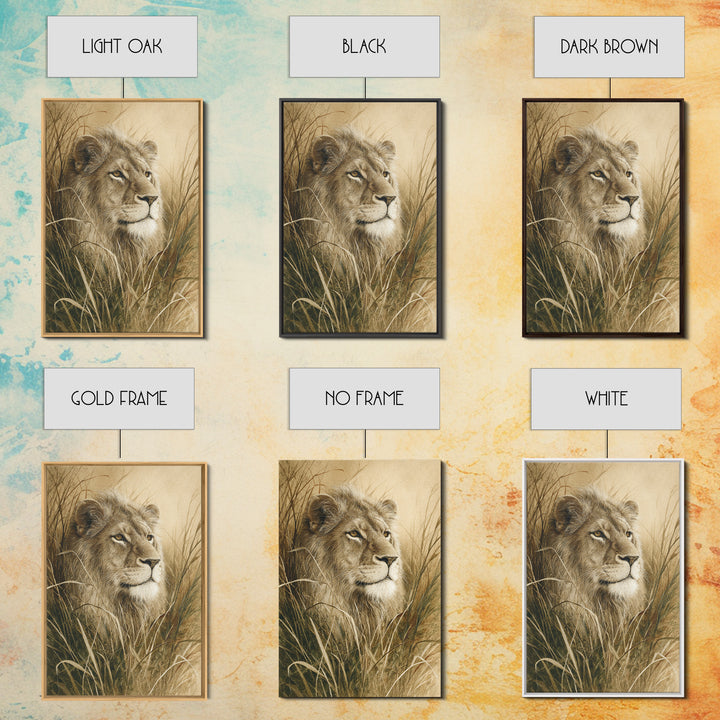 Lion Emerging from Golden Savanna Grass Framed Canvas Print, Wildlife Art, Living Room Decor, Watercolor Art, Wild, WIL-2x3-33