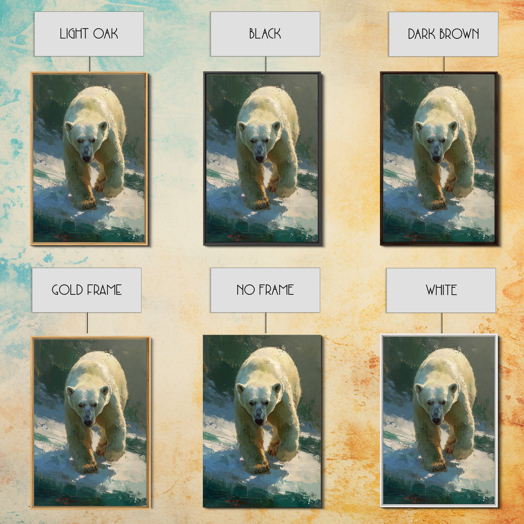 Polar Bear Crossing Blue Ice Framed Canvas Print, Wildlife Art, Wall Art, Living Room Decor, Abstract Art, Wild, WIL-2x3-47