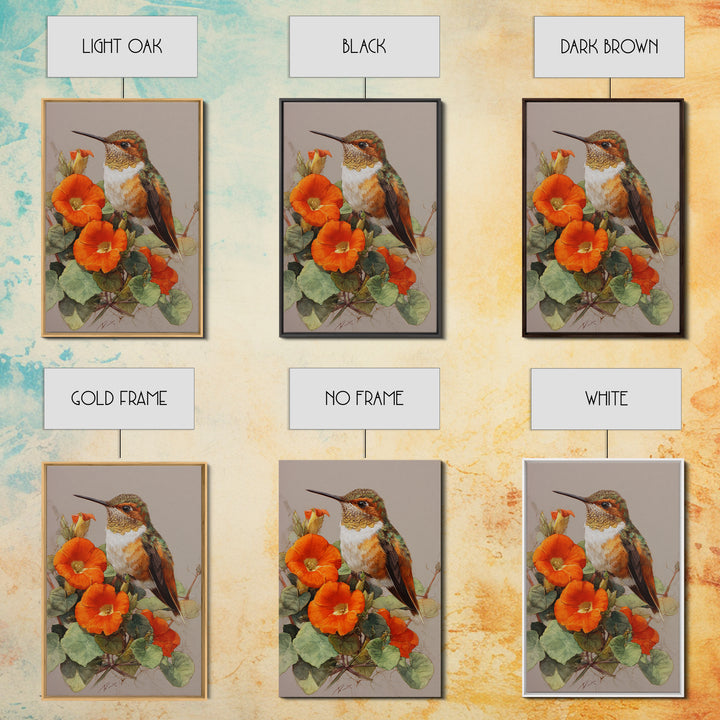 Hummingbird Beside Bright Flowers Framed Canvas Print, Wildlife Art, Boho Decor, Living Room Decor, Fine Art, Wild, Painting, WIL-2x3-48