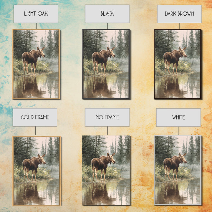 Moose Standing in Reflective Lake Framed Canvas Print, Wildlife Art, Room Decor, Living Room Decor, Fine Art, Wild, WIL-2x3-51