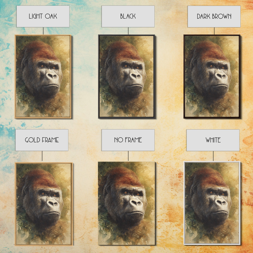Gorilla Portrait with Powerful Gaze Framed Canvas Print, Wildlife Art, Wall Art Print, Living Room Decor, Oil Painting, Wild, WIL-2x3-73