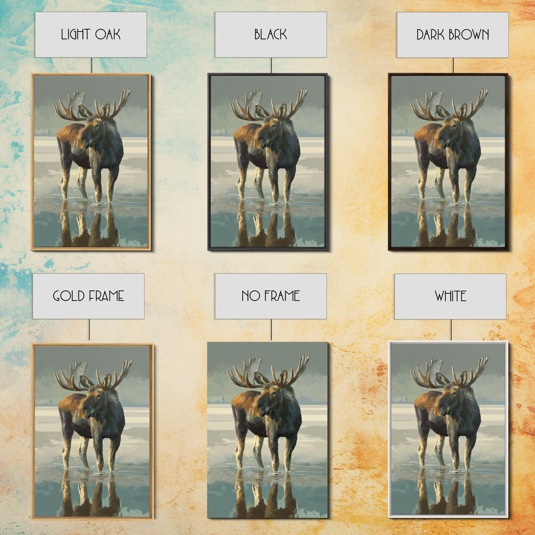 Moose Standing in Reflective Lake Framed Canvas Print, Wildlife Art, Digital Wall Art, Living Room Decor, Fine Art, Wild, WIL-2x3-75