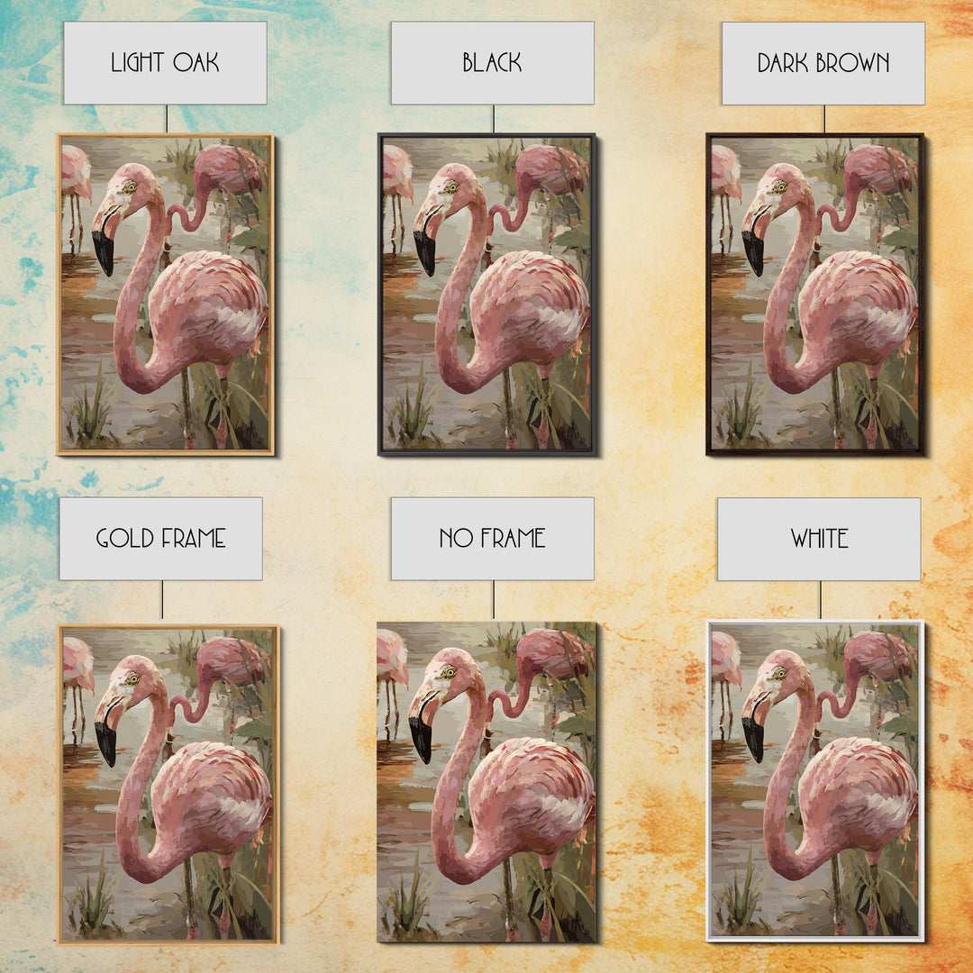 Flamingos in Pink Shallow Water Framed Canvas Print, Wildlife Art, Painting, Living Room Decor, Wild, Living Room Wall Art, WIL-2x3-78