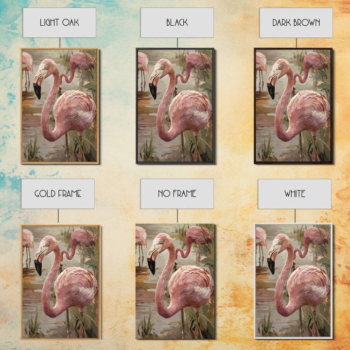 Flamingos in Pink Shallow Water Framed Canvas Print, Wildlife Art, Painting, Living Room Decor, Wild, Living Room Wall Art, WIL-2x3-78
