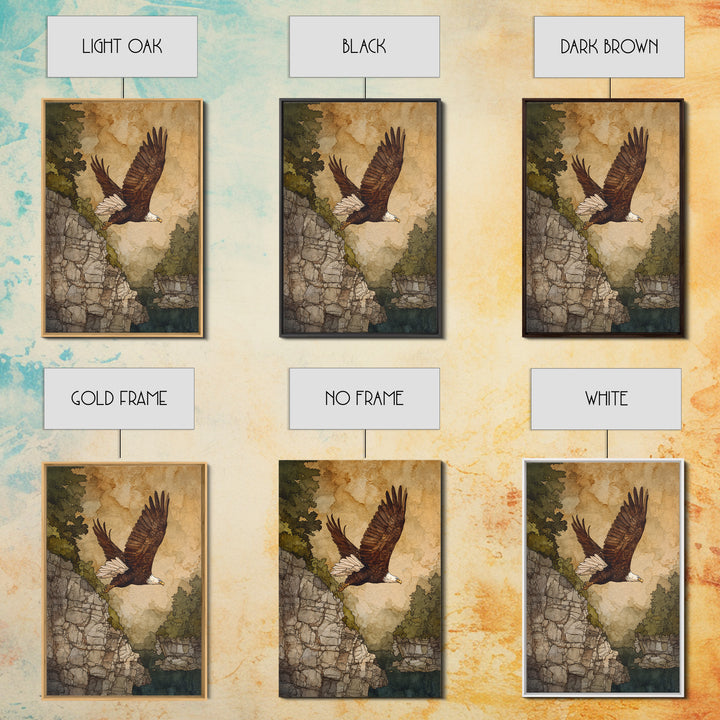 Eagle Soaring Above Rocky Cliffs Canvas Print, Wildlife Art, Oil Painting, Living Room Decor, Abstract Art, Wild, WIL-2x3-86