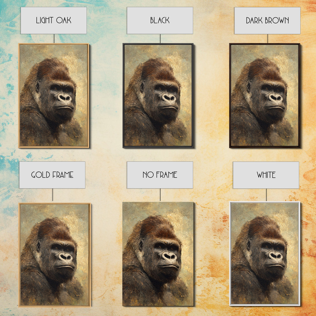 Gorilla Portrait with Powerful Gaze Framed Canvas Print, Wildlife Art, Wall Art Print, Living Room Decor, Oil Painting, Wild, WIL-2x3-97