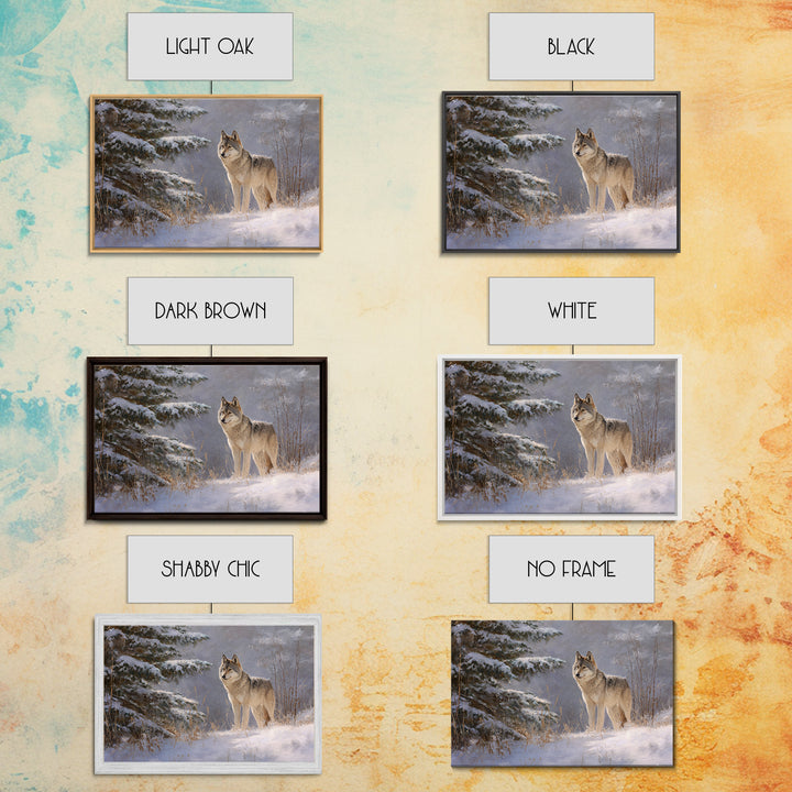 Wolf Standing Beneath Snowy Pine Trees Framed Canvas Print, Wildlife Art, Canvas Painting, Living Room Decor, Fine Art, Wild, WIL-3x2-31