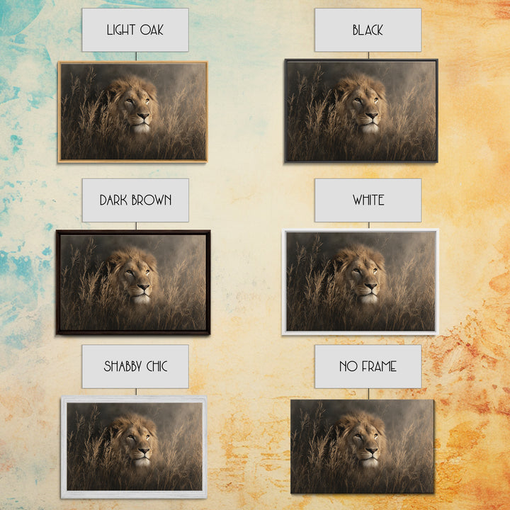 Lion Emerging from Golden Savanna Grass Canvas Print, Wildlife Art, Bird Wall Art, Living Room Decor, Fine Art, Wild, WIL-3x2-53