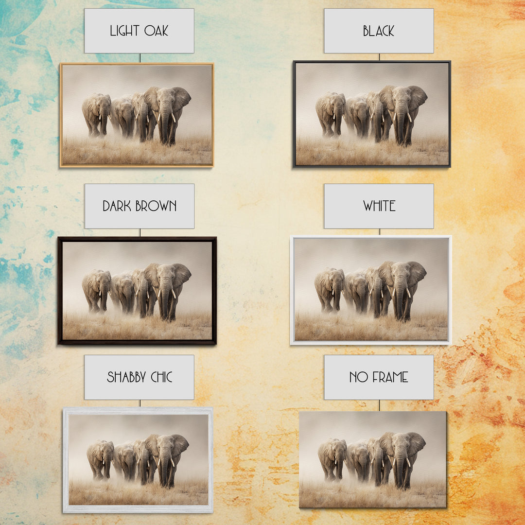 Elephant Herd Walking Through Dusty Sunset Framed Canvas Print, Wildlife Art, Digital Download Art, Living Room Decor, Wild, WIL-3x2-78
