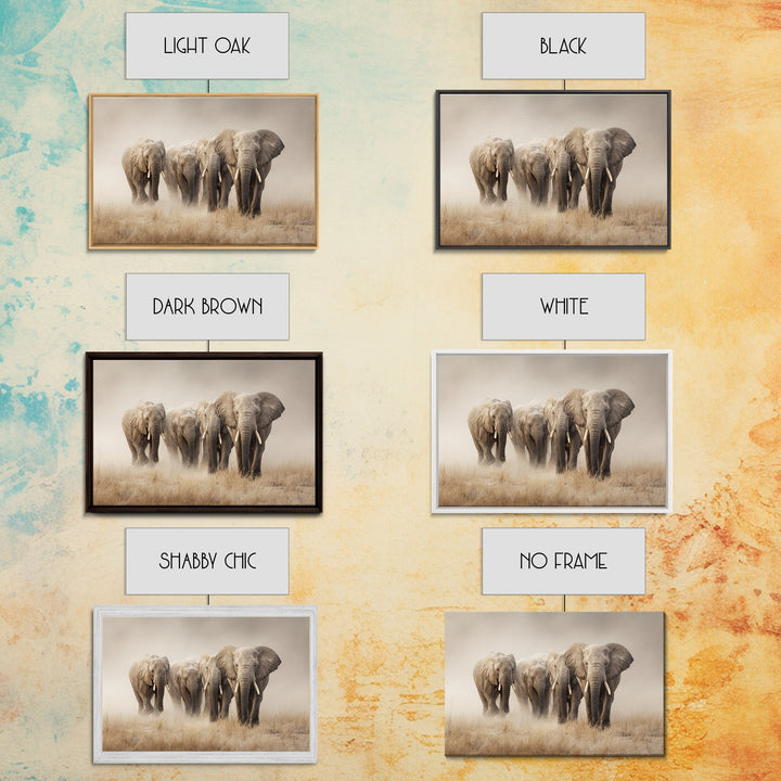 Elephant Herd Walking Through Dusty Sunset Framed Canvas Print, Wildlife Art, Digital Download Art, Living Room Decor, Wild, WIL-3x2-78