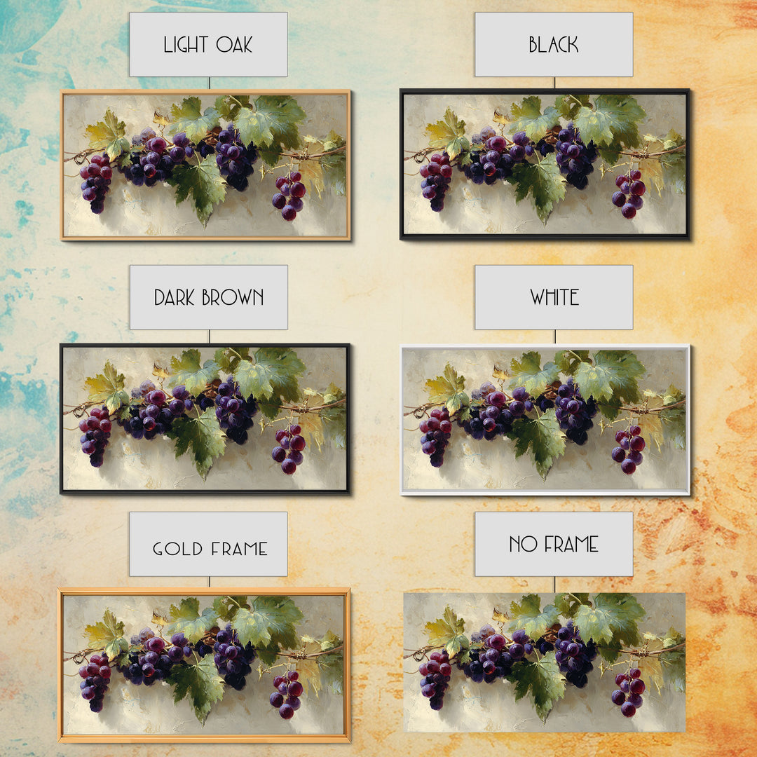 Grapevine Branch with Purple Grapes and Leaves Framed Canvas Print, Winery Art, Kitchen Wall Art, Winery Decor, Oil Painting, WIN-2x1-45