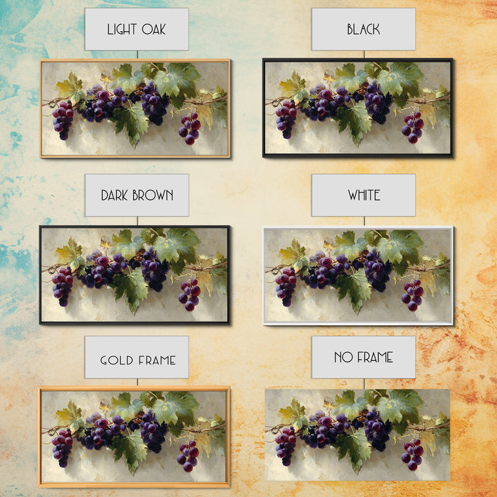 Grapevine Branch with Purple Grapes and Leaves Framed Canvas Print, Winery Art, Kitchen Wall Art, Winery Decor, Oil Painting, WIN-2x1-45