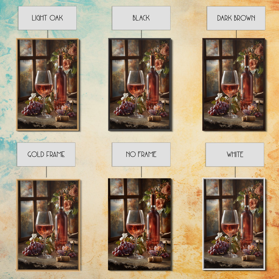 Ros Glass Beside Summer Flowers Canvas Print, Winery Art, Winery Decor, Oil Painting, Vineyard, Retro Wall Art, WIN-2x3-70