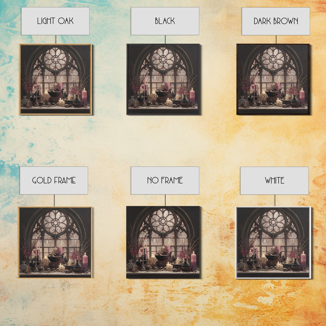 The Spiderweb Cathedral Window - Occult Still Life, Spooky Wall Decor, Square Wall Art, Framed Canvas Print, Halloween Home Decor