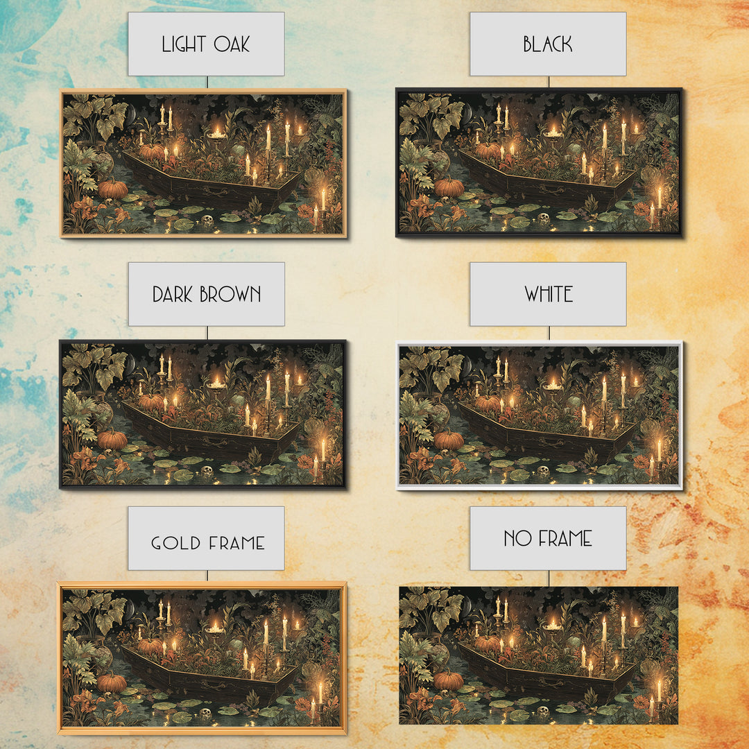 The Floating Coffin Garden - Occult Still Life, Spooky Wall Decor, Wide Panoramic Art, Framed Canvas Print, Halloween Home Decor