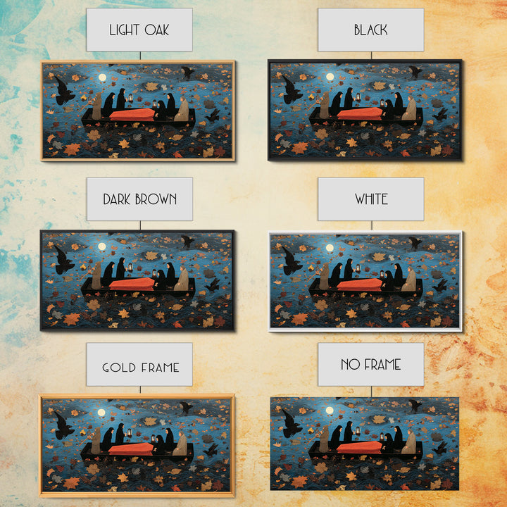The Floating Coffin Garden - Procession Scene, Macabre Halloween Art, Wide Panoramic Art, Framed Canvas Print, Halloween Home Decor