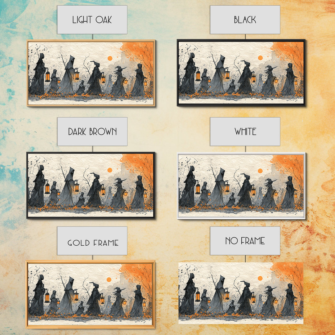 The Autumn Reaper Parade - Procession Scene, Spooky Wall Decor, Wide Panoramic Art, Framed Canvas Print, Halloween Home Decor