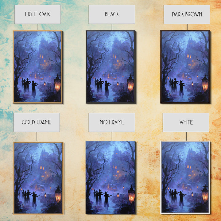 The Ghostly Violin Procession - Environmental Panorama, Spooky Wall Decor, Vertical Wall Art, Framed Canvas Print, Halloween Home Decor