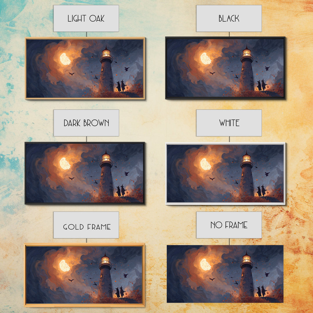 The Pumpkin Moon Lighthouse - Procession Scene, Occult Wall Decor, Wide Panoramic Art, Canvas Print, Halloween Home Decor, Gothic Wall Art