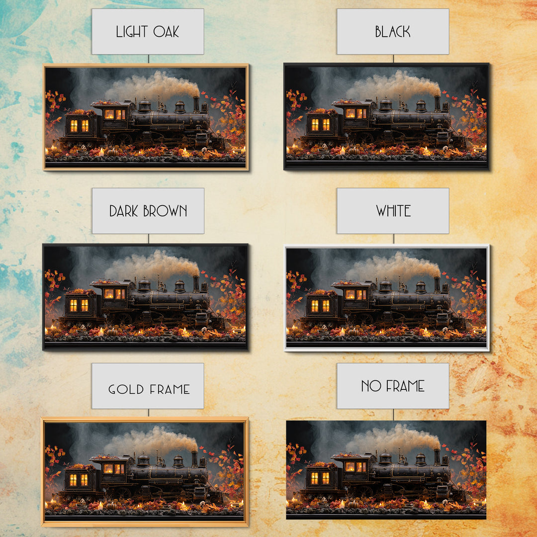 The Phantom Train Of October - Occult Still Life, Macabre Halloween Art, Wide Panoramic Art, Framed Canvas Print, Halloween Home Decor