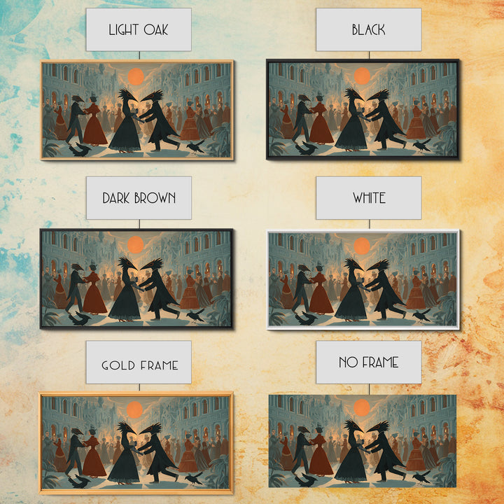 The Raven-Masked Ballroom - Environmental Panorama, Macabre Halloween Art, Wide Panoramic Art, Framed Canvas Print, Halloween Home Decor