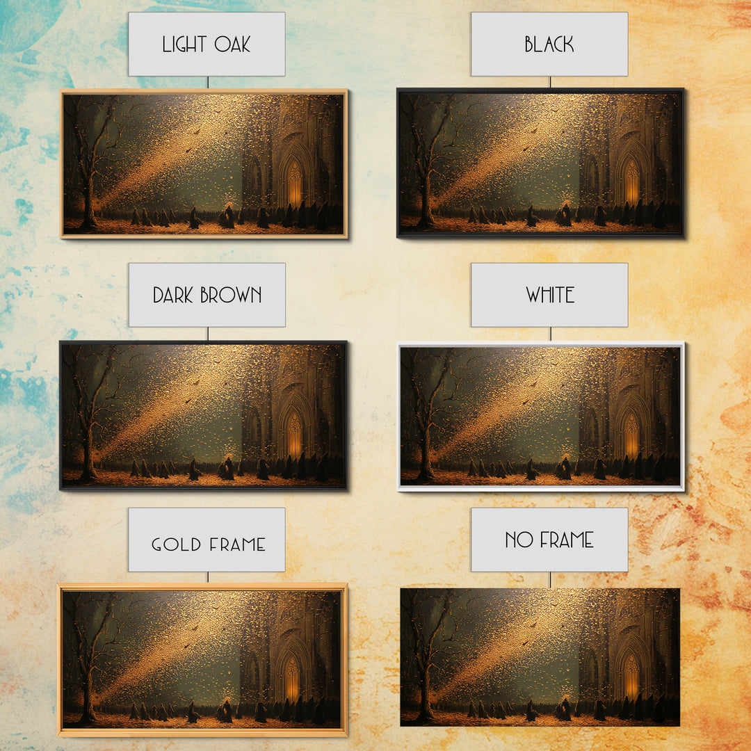 The Golden Bat Swarm - Procession Scene, Occult Wall Decor, Wide Panoramic Art, Canvas Print, Halloween Home Decor, Gothic Wall Art