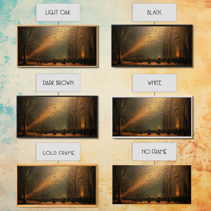 The Golden Bat Swarm - Procession Scene, Occult Wall Decor, Wide Panoramic Art, Canvas Print, Halloween Home Decor, Gothic Wall Art