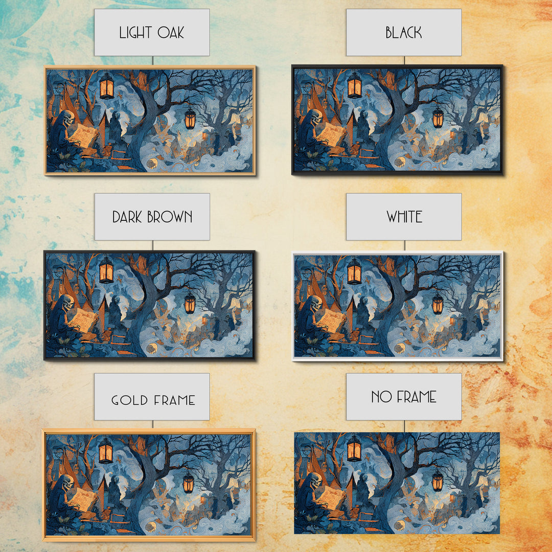 The Skeleton Cartographer - Procession Scene, Macabre Halloween Art, Wide Panoramic Art, Framed Canvas Print, Halloween Home Decor