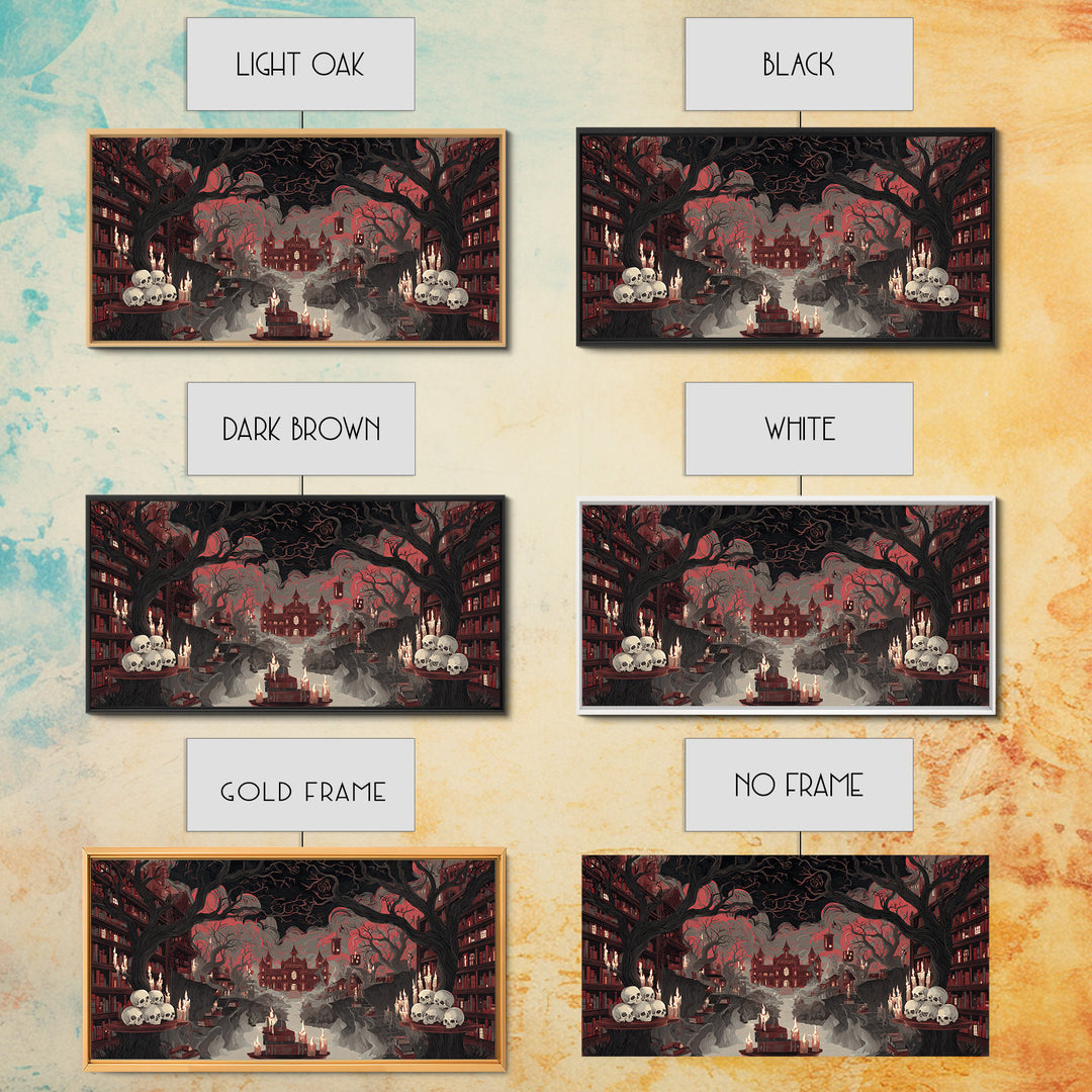 The Catacomb Library - Environmental Panorama, Macabre Halloween Art, Wide Panoramic Art, Framed Canvas Print, Halloween Home Decor