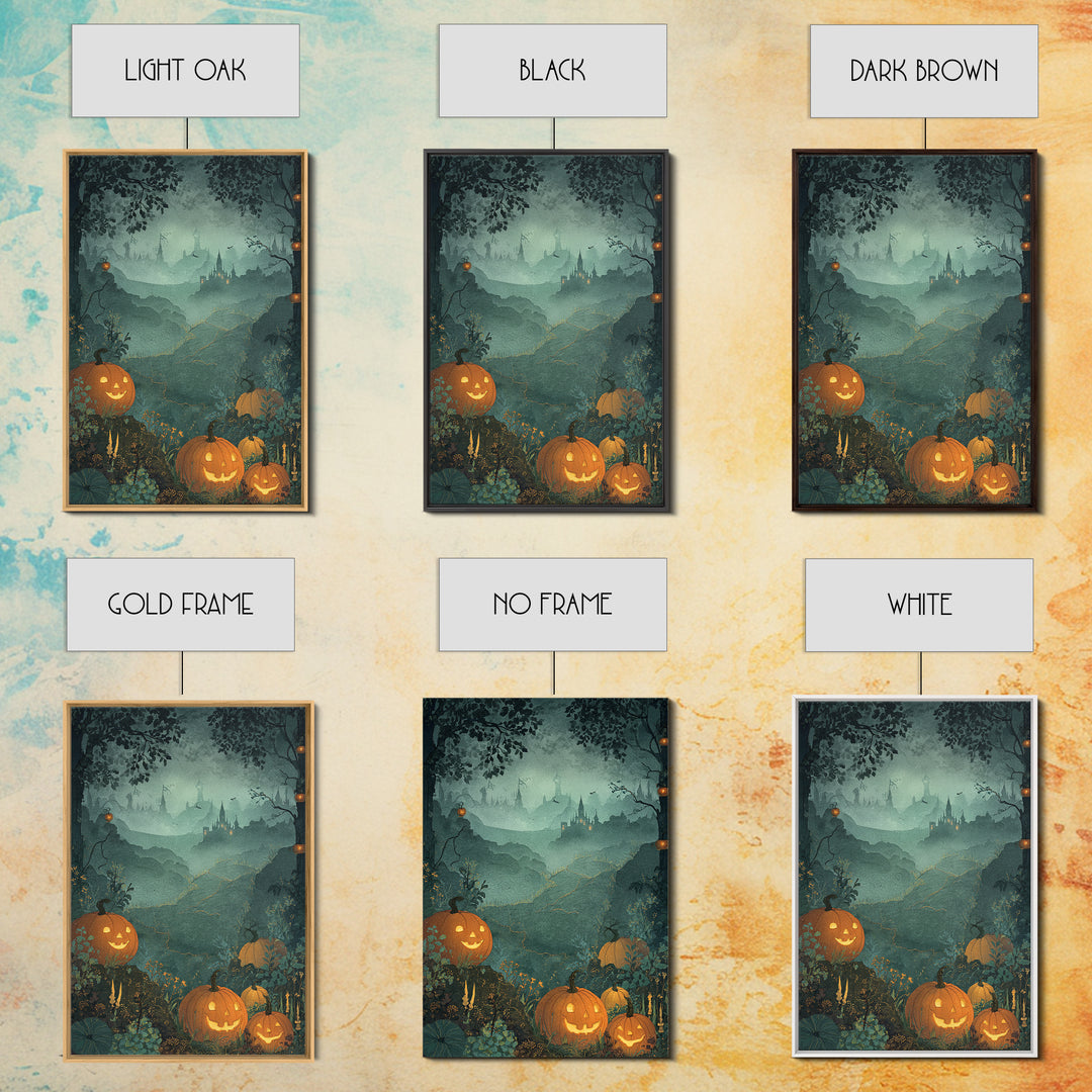 The Jack-O-Lantern Crown Jewels - Environmental Panorama, Spooky Wall Decor, Vertical Wall Art, Framed Canvas Print, Halloween Home Decor