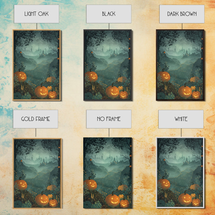 The Jack-O-Lantern Crown Jewels - Environmental Panorama, Spooky Wall Decor, Vertical Wall Art, Framed Canvas Print, Halloween Home Decor
