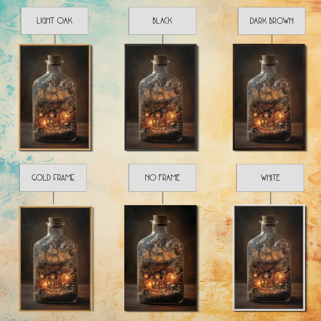 The Ghost Ship In A Bottle - Occult Still Life, Dark Fantasy Wall Art, Vertical Wall Art, Canvas Print, Halloween Home Decor