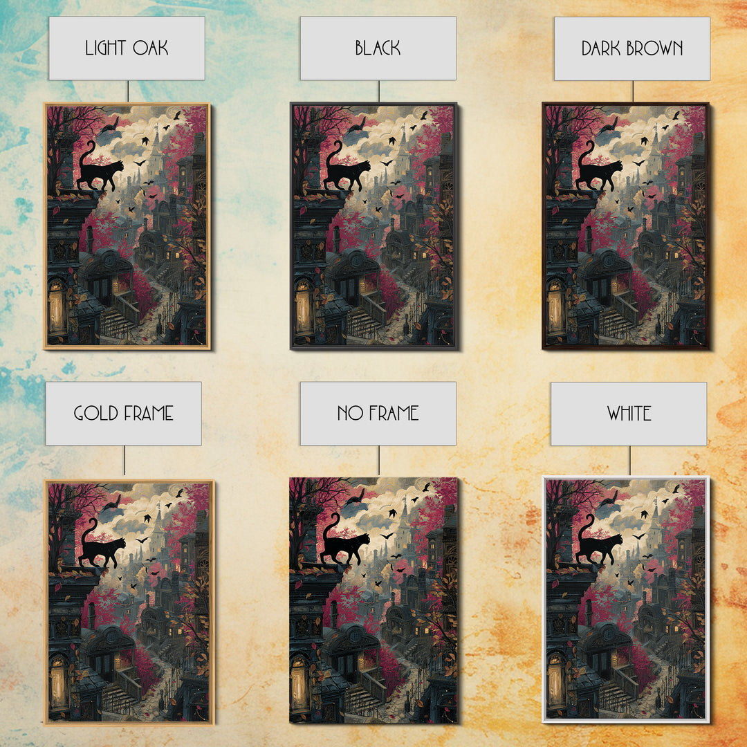 The Black Cat Constellation - Environmental Panorama, Macabre Halloween Art, Vertical Wall Art, Framed Canvas Print, Halloween Home Decor