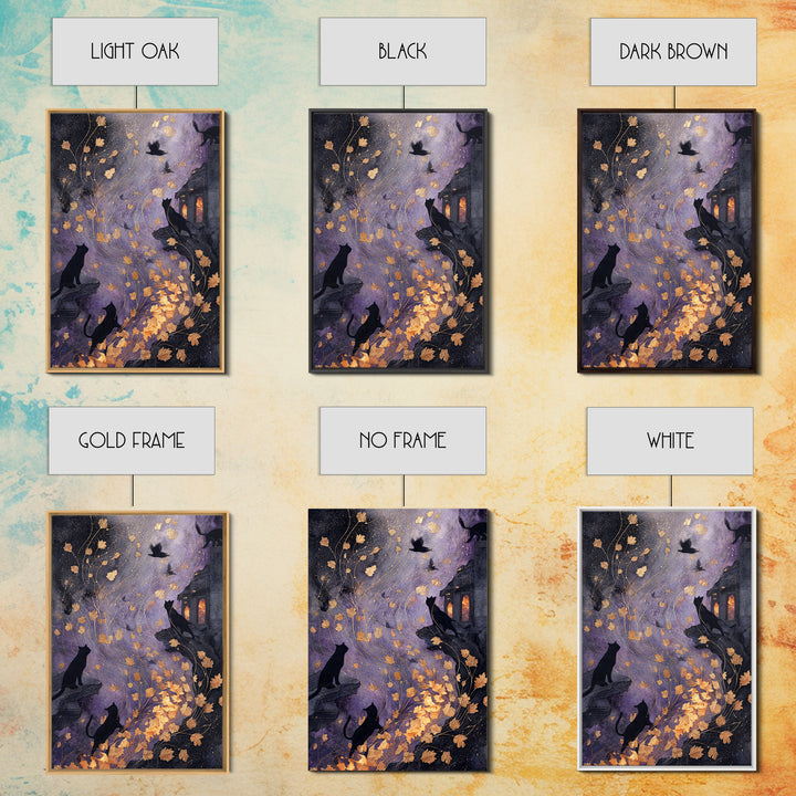 The Black Cat Constellation - Procession Scene, Halloween Wall Art, Vertical Wall Art, Framed Canvas Print, Halloween Home Decor