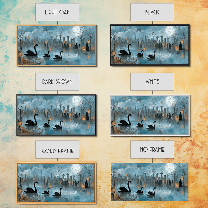 The Cemetery Swan Lake - Procession Scene, Spooky Wall Decor, Wide Panoramic Art, Framed Canvas Print, Halloween Home Decor, Gothic Wall Art