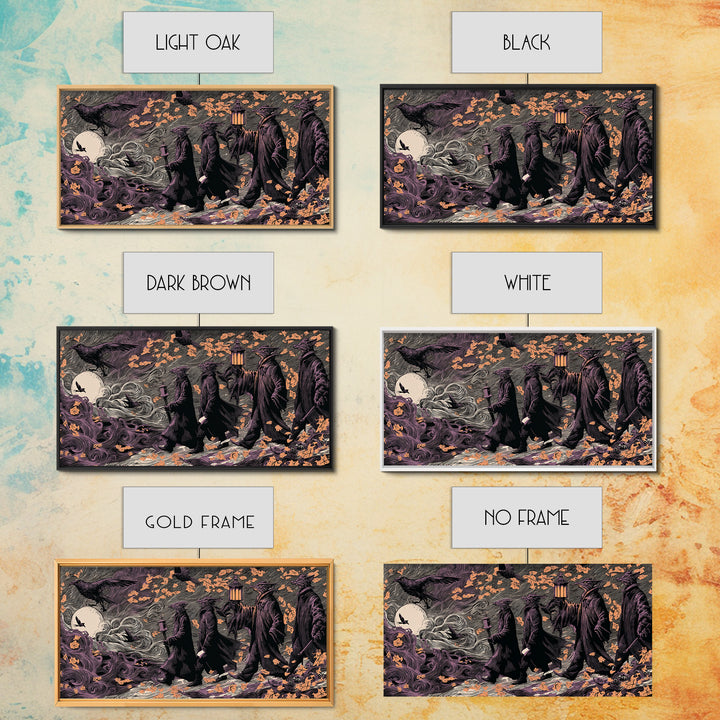The Gargoyle Rooftop Choir - Procession Scene, Spooky Wall Decor, Wide Panoramic Art, Framed Canvas Print, Halloween Home Decor