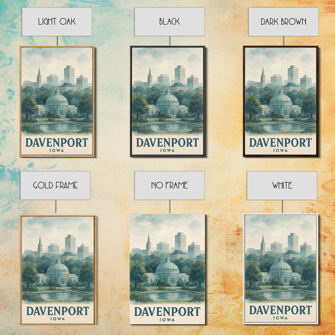 Davenport Travel Poster, Framed Canvas Print, Illustrated Watercolor Poster, Davenport Poster Print, Travel Poster Set, City Art Print