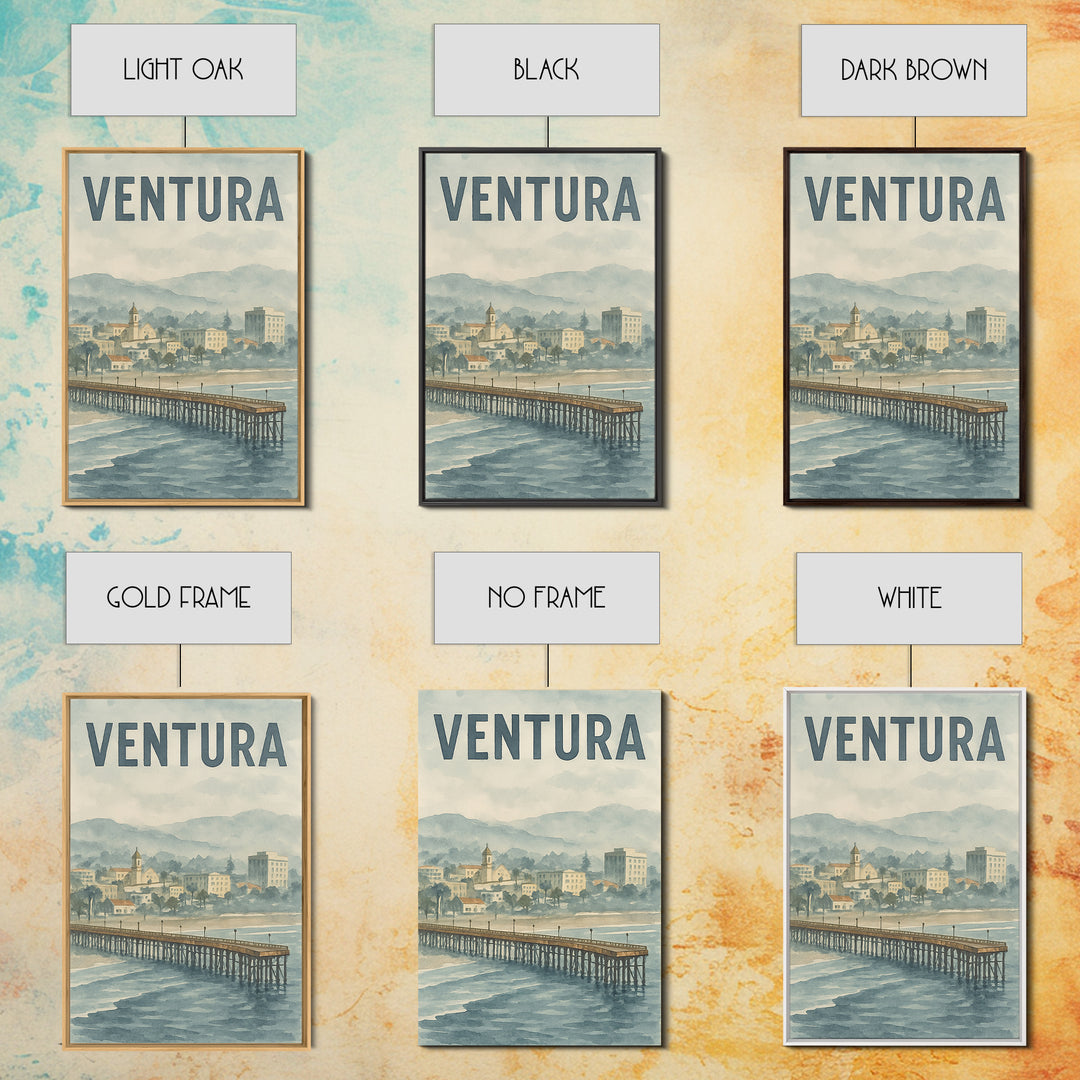 Ventura California Travel Poster, Framed Canvas Print, Soft Watercolor Travel Art, Ventura Wall Art, City Illustration, Travel Poster Set