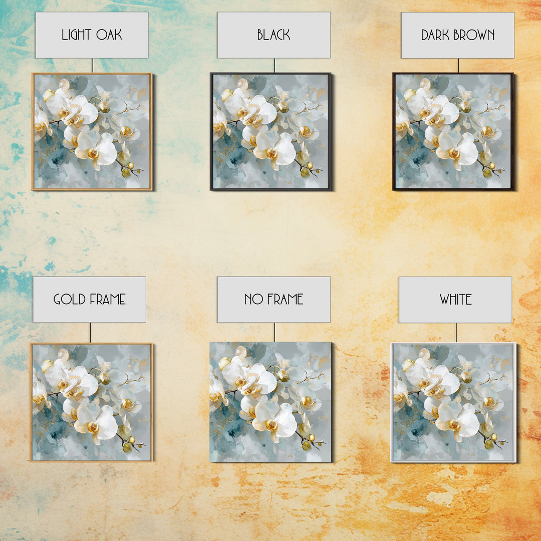 White Orchid on Light Gray Ground Framed Canvas Print, Waiting Room Art, Fine Art Print, Waiting Room Decor, Oil Painting, Calm, WRA-1x1-79