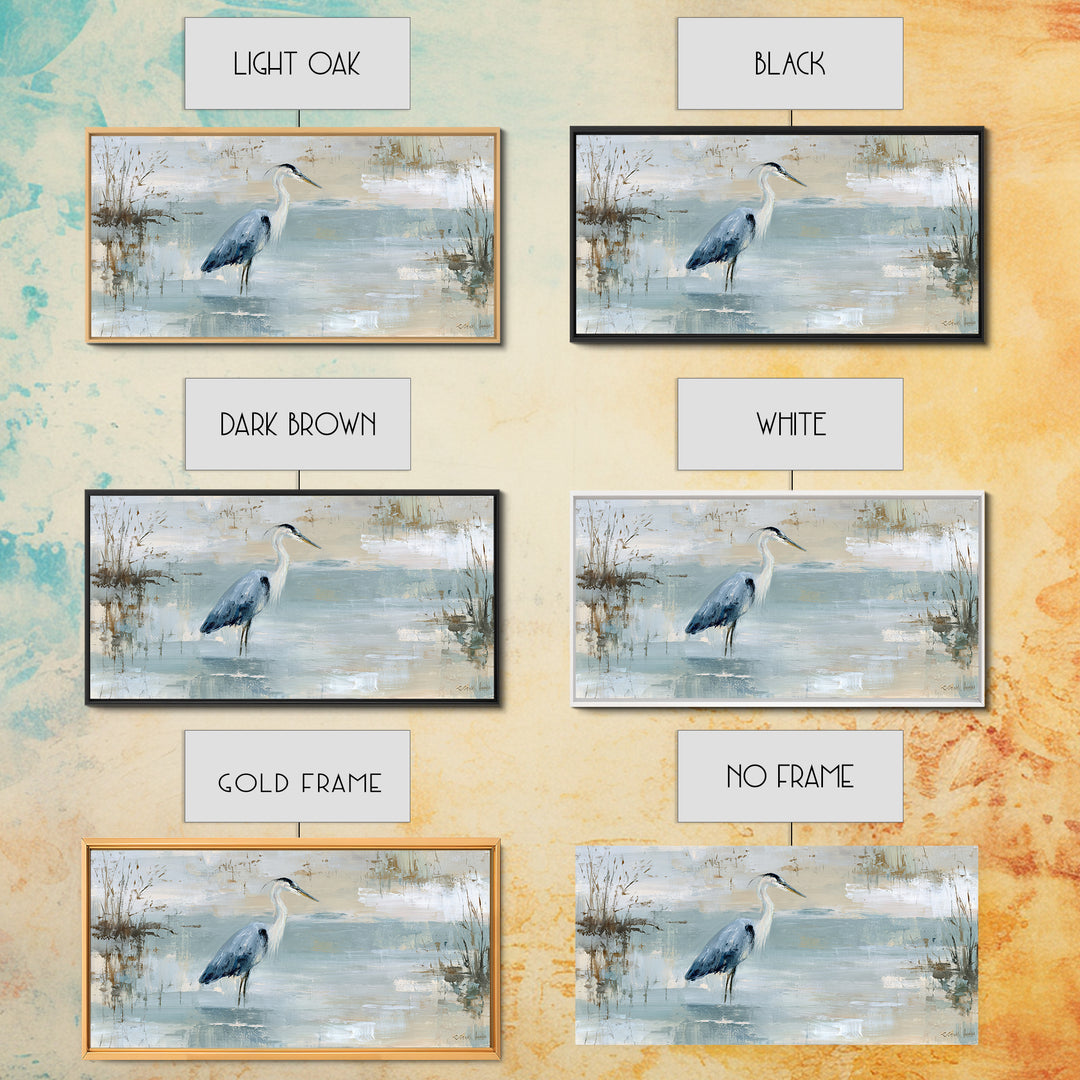 Blue Heron in Quiet Marsh Framed Canvas Print, Waiting Room Art, Office Wall Decor, Waiting Room Decor, Fine Art, Calm, WRA-2x1-80