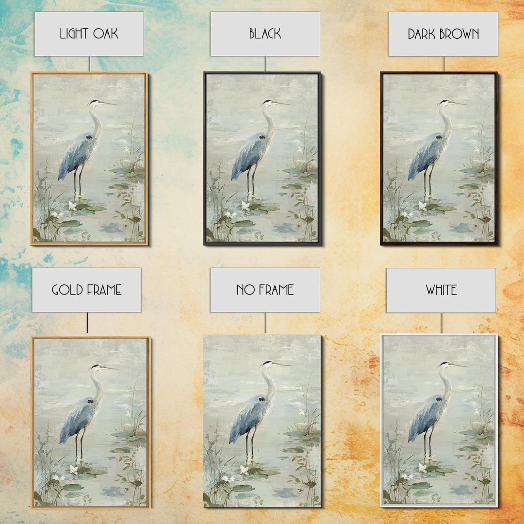 Blue Heron in Quiet Marsh Framed Canvas Print, Waiting Room Art, Bedroom Decor, Waiting Room Decor, Fine Art, Calm, Abstract, WRA-2x3-68