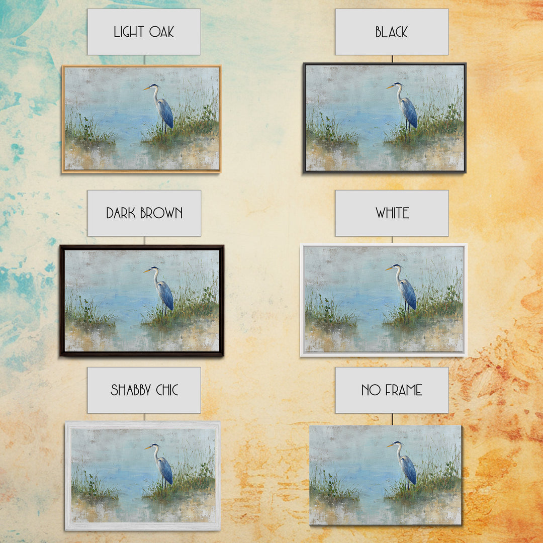 Blue Heron in Quiet Marsh Framed Canvas Print, Waiting Room Art, Gallery Decor, Waiting Room Decor, Abstract Art, Calm, WRA-3x2-64