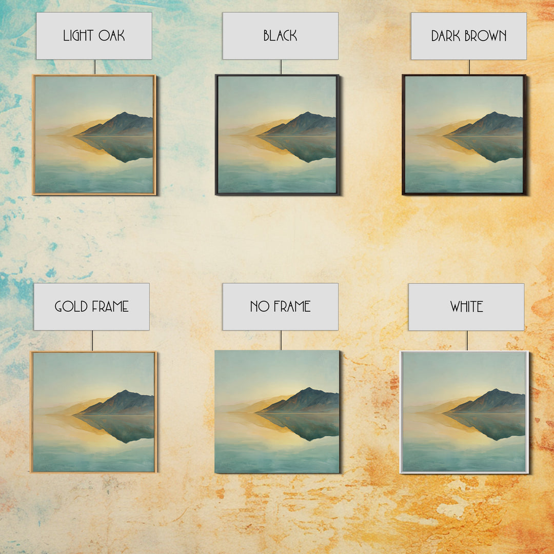 Sunrise Mountain Lake Reflection Framed Canvas Print, Yoga Studio Art, Boho Art, Yoga Studio Decor, Oil Painting, Balance, YSA-1x1-68