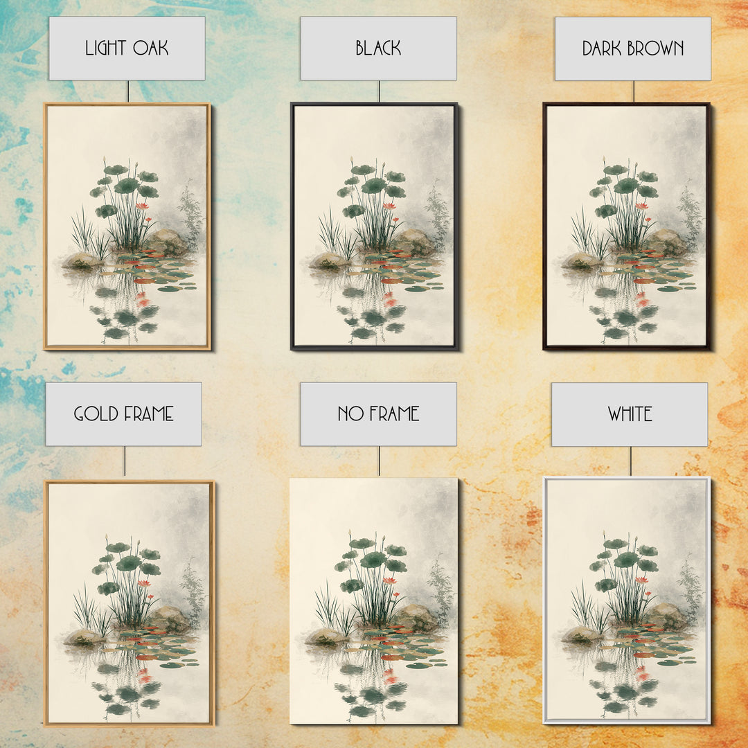 Moon Reflected in Quiet Pond Canvas Print, Zen Art, Living Room Decor, Oil Painting, Zen, Japanese Decor, Flower Print, ZEN-2x3-66