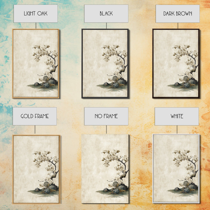 Falling Cherry Blossoms on Cream Ground Framed Canvas Print, Zen Art, Statement Artwork, Living Room Decor, Fine Art, Zen, ZEN-2x3-76
